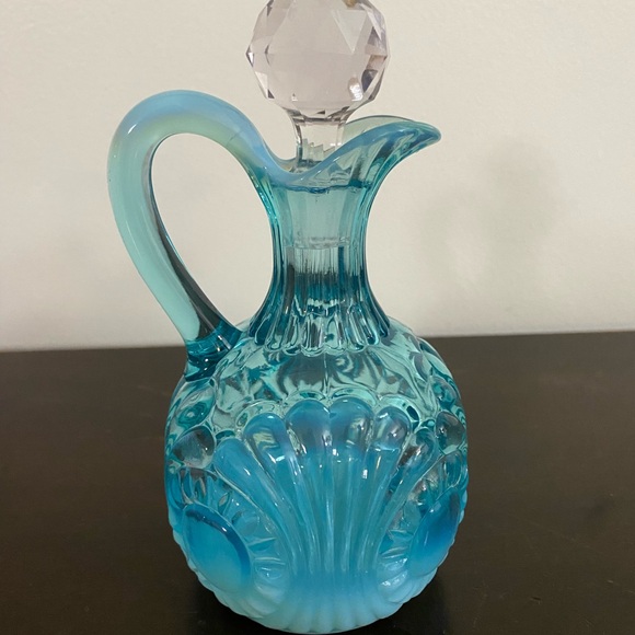Fenton Aqua Blue Glass Pitcher with Crystal Stopper